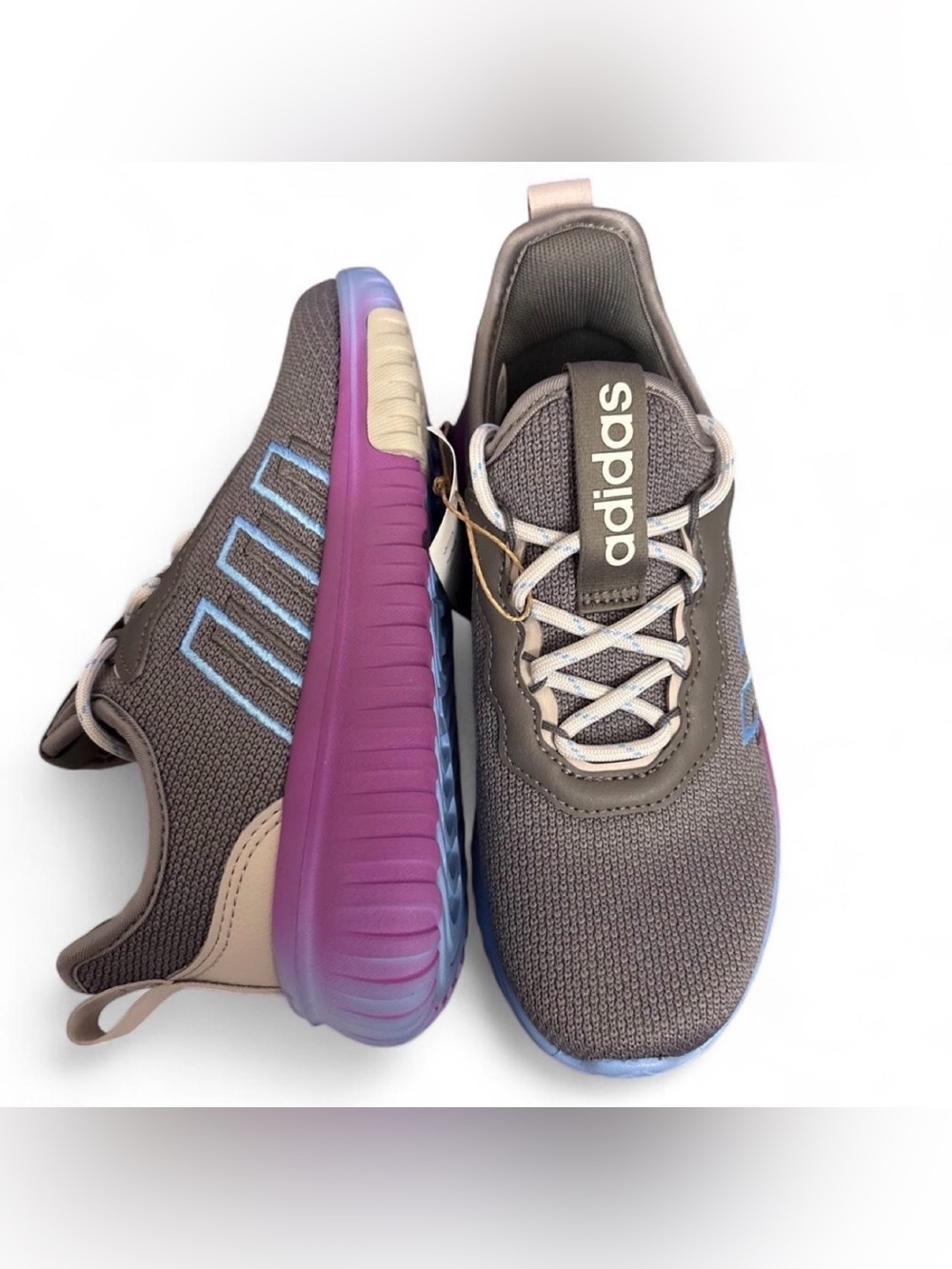 adidas Kids Gray Knit Sneakers with Purple-to-Blue Gradient Sole - Picture 3 of 7
